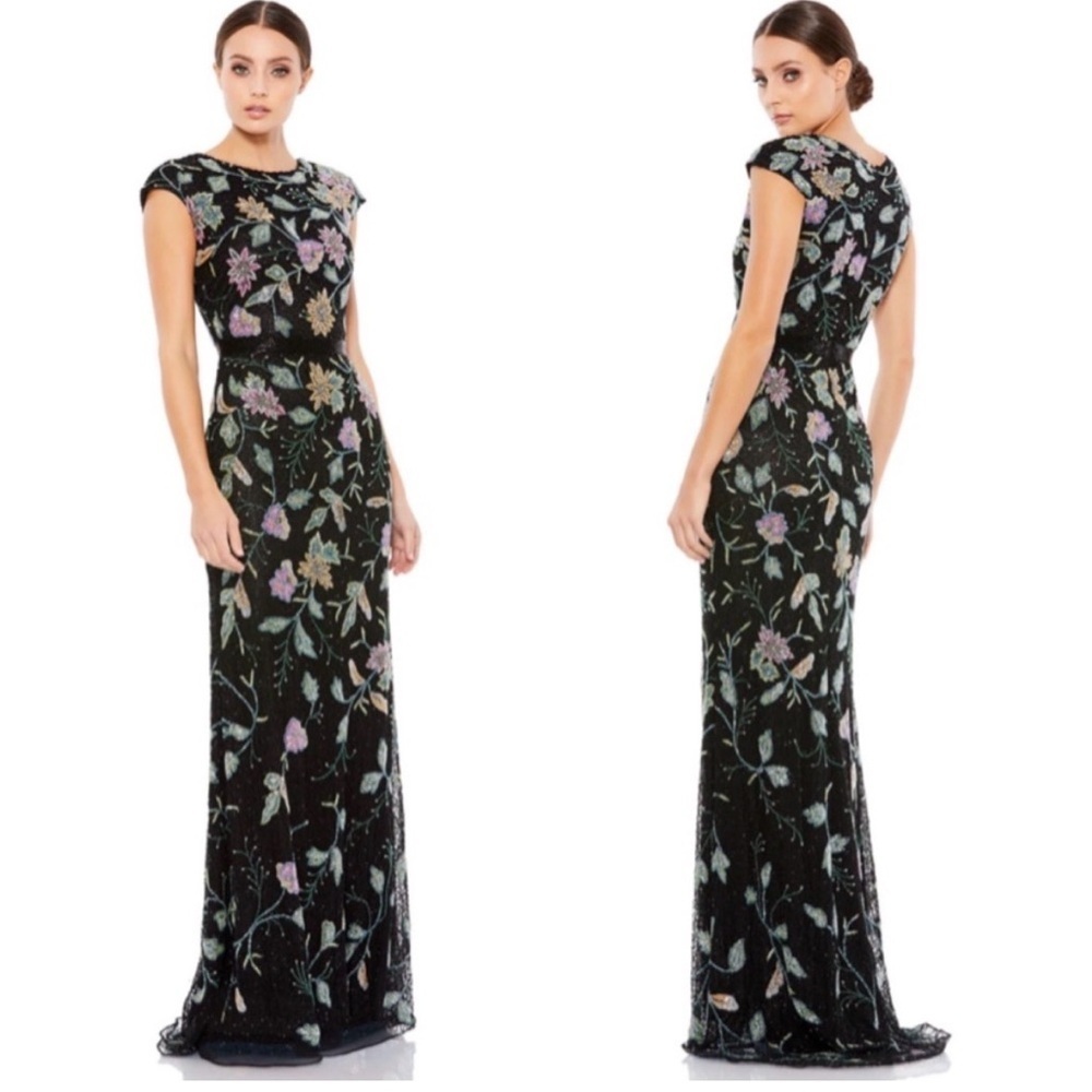 Mac Duggal Floral Beaded Cap Sleeve Evening Gown 5229 Black Multi Size 10 NWT - Picture 3 of 15